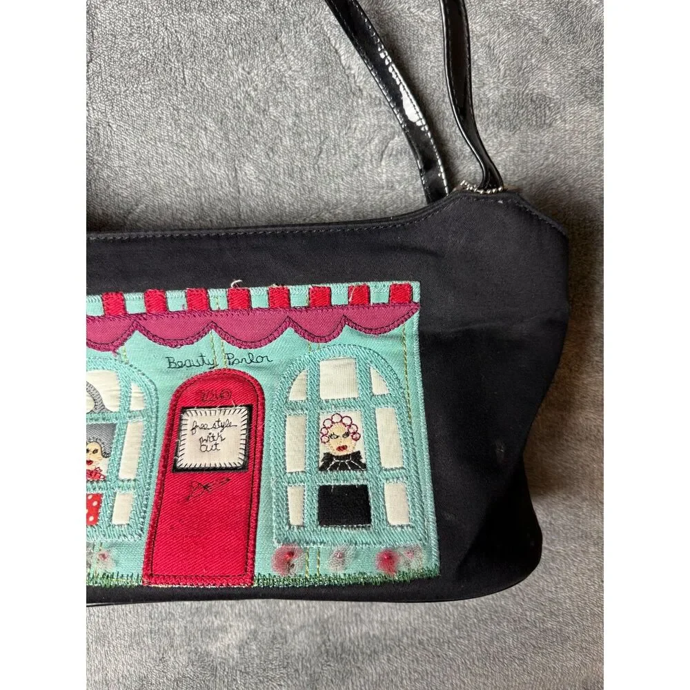Forever by Fossil Black Satin Beauty Parlor Applique Shoulder Bag Vintage Purse